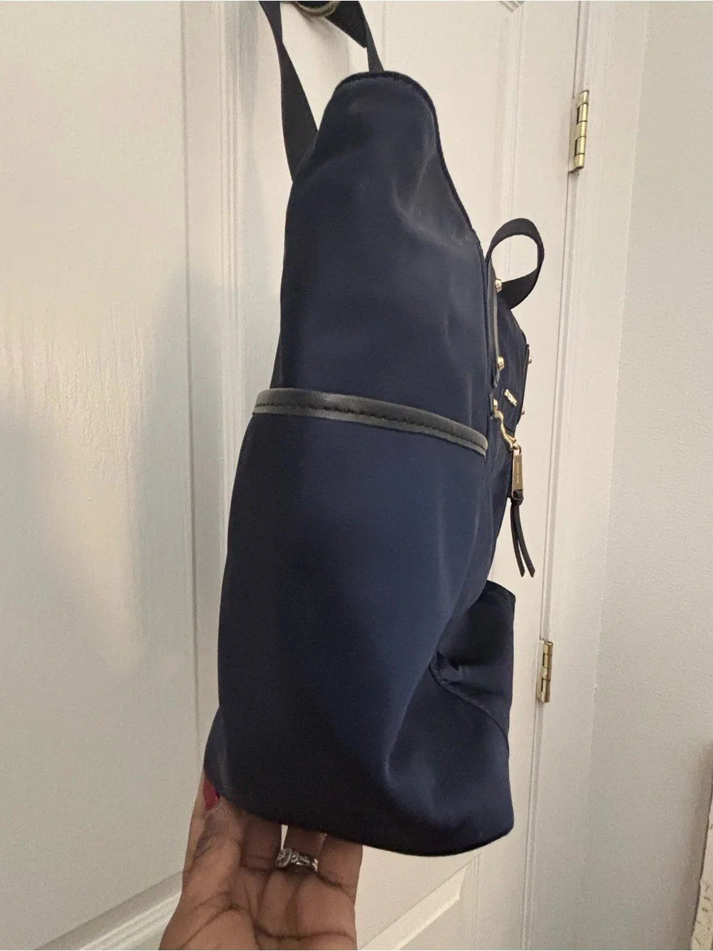 Michael Kors Navy and Gold Tote Nylon Bag with Front Zip Pocket